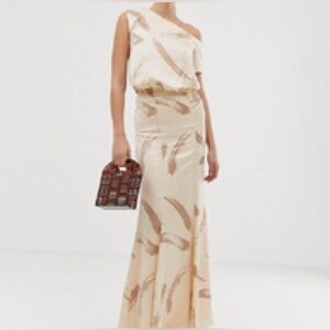 ASOS Maxi Elegant Cream and Brown One-Shoulder Dress size 8